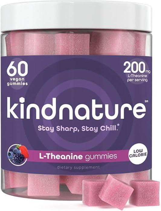 Kindnature L-Theanine Gummies bottle label – 200mg per gummy, vegan, mixed berry