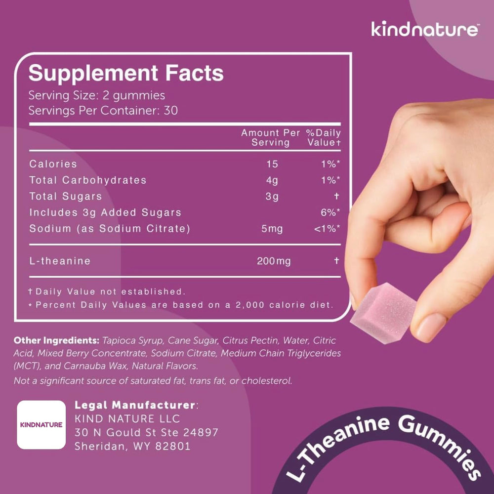 Close-up of vegan L-Theanine gummies in mixed berry flavor