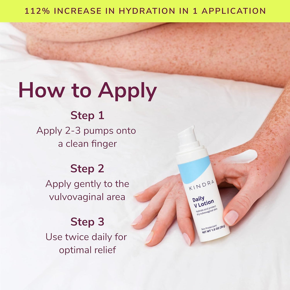Kindra Daily V Lotion application on skin demonstrates easy, discreet daily use