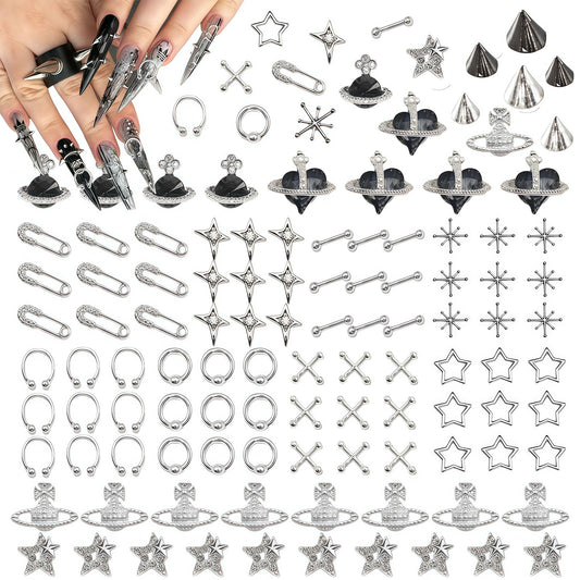 KINGNAME 110pcs punk nail charms kit planets Saturn for bold, dimensional nail art