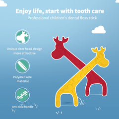 Colorful deer-shaped kids floss picks arranged for display