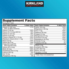 Label on Kirkland Daily Multi 500 tablets 2-pack showing Calcium and Vitamin D