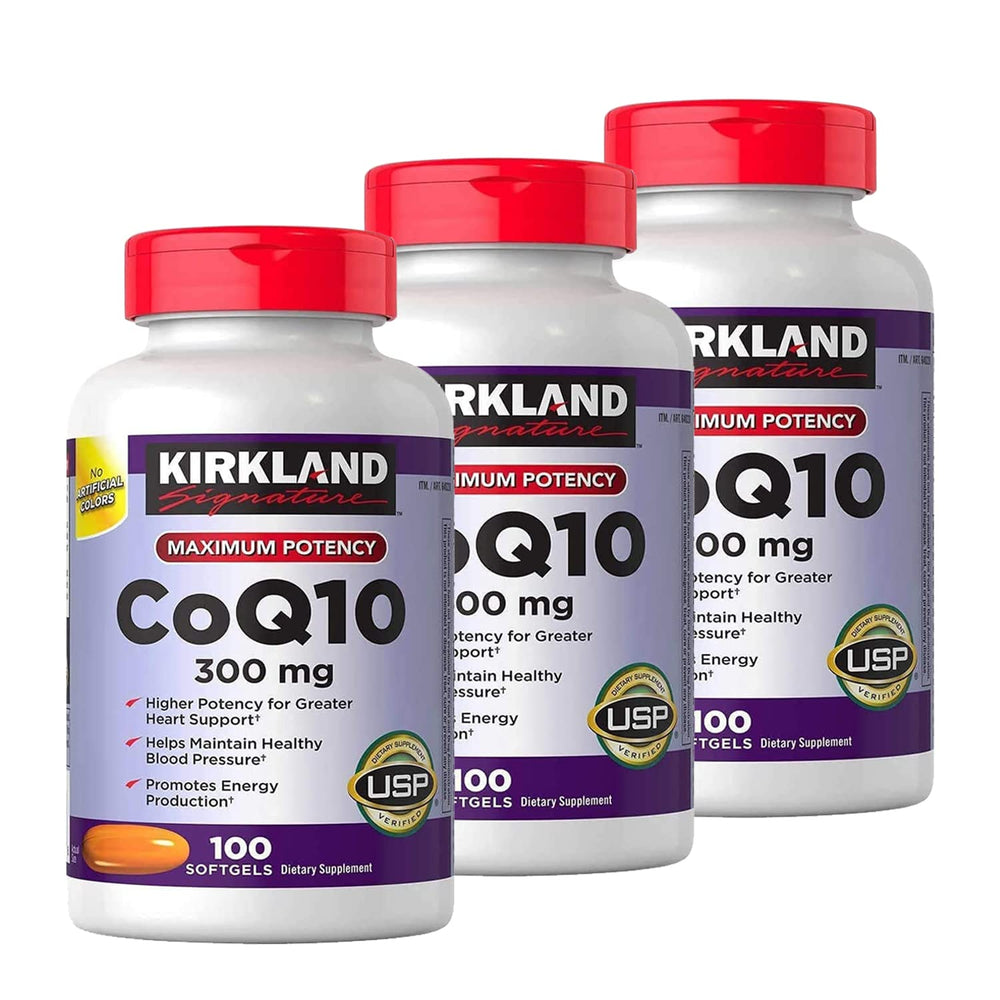 Kirkland Signature CoQ10 300 mg bottle with 100 softgels in a three-pack
