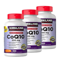 Kirkland Signature CoQ10 300 mg bottle with 100 softgels in a three-pack