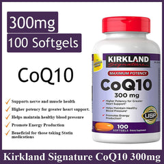 Front view of Kirkland Signature CoQ10 300 mg three-pack packaging