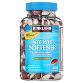 Kirkland Stool Softener bottle shows 100 mg per softgel for gentle stool-softening.