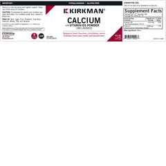 Nutrition facts panel for Kirkman Calcium with Vitamin D3 Powder