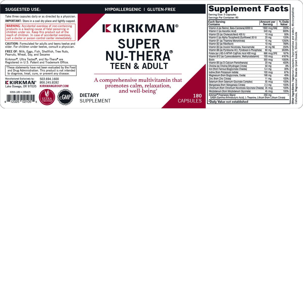 Close-up of Kirkman Nu-Thera Multivitamin label