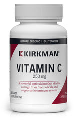 Bottle of Kirkman Vitamin C 250 mg capsules with hypoallergenic formula
