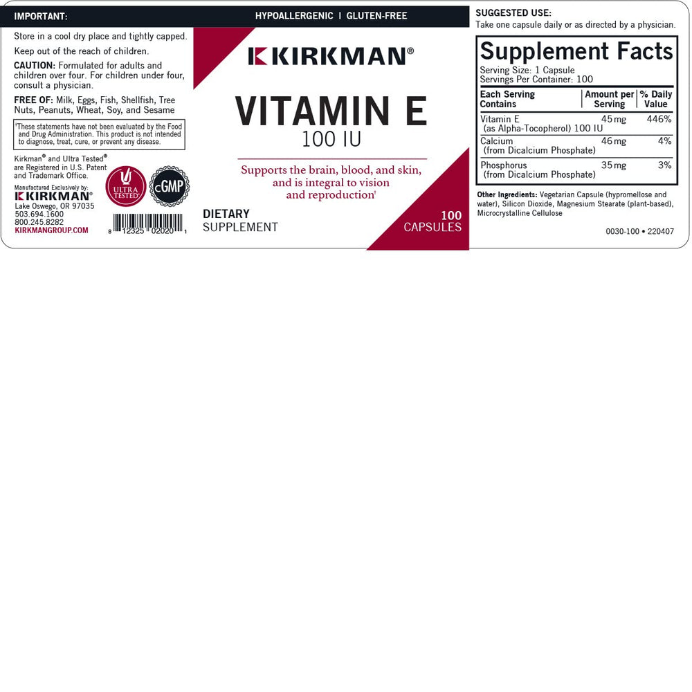 Hypoallergenic Kirkman Vitamin E 100 IU capsules