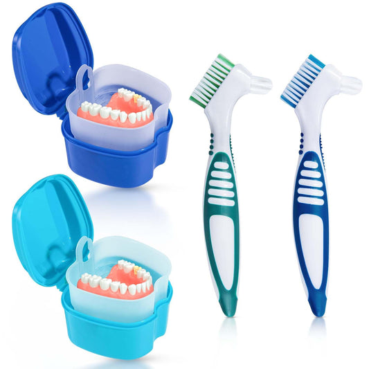 Front view of KISEER 2-pack denture bath case in light blue and blue