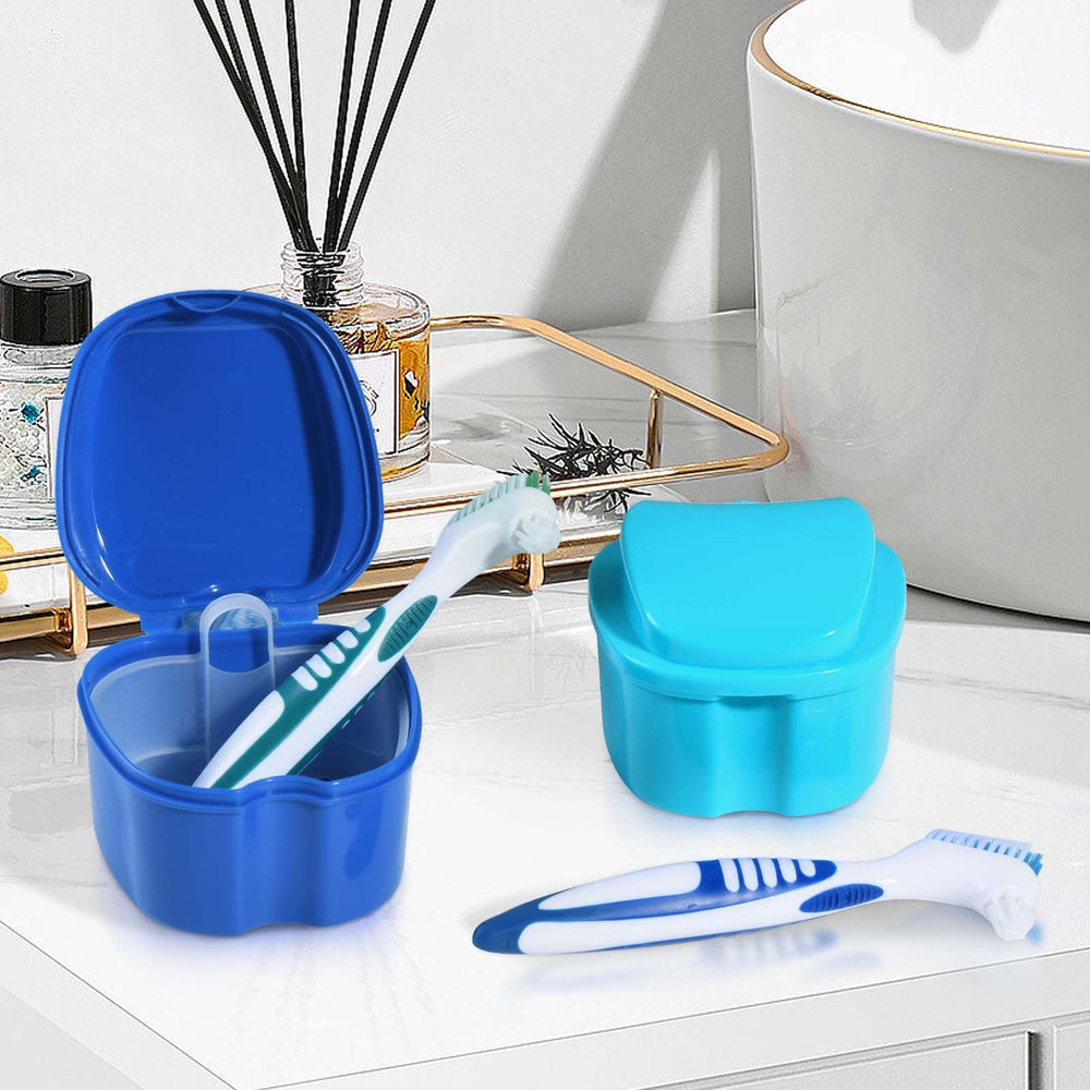 Side view of denture bath case in blue and green colors