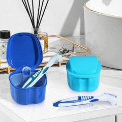 Side view of denture bath case in blue and green colors