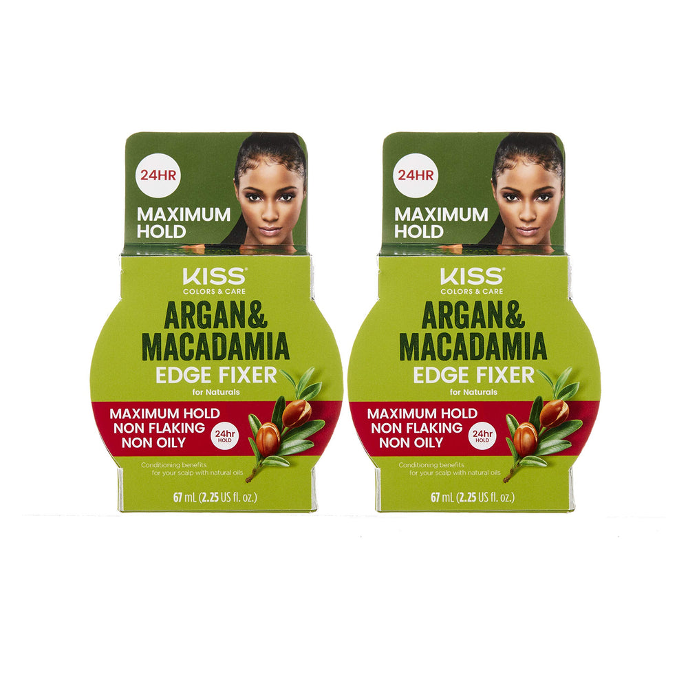 KISS Argan Macadamia Edge Fixer bottle shows strong hold and shine.