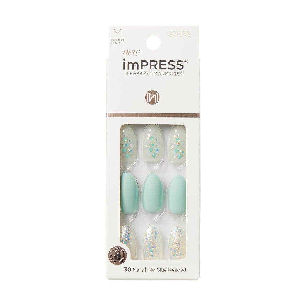 KISS imPRESS Evergreen nails in medium almond shape for a fast at-home manicure.