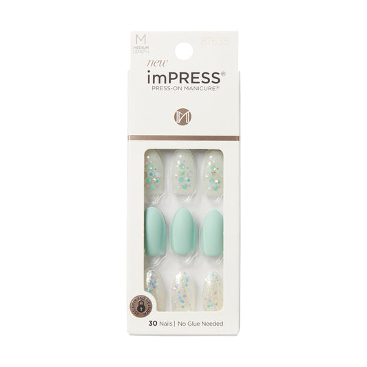 KISS imPRESS Evergreen nails in medium almond shape for a fast at-home manicure.