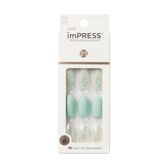 KISS imPRESS Evergreen nails in medium almond shape for a fast at-home manicure.
