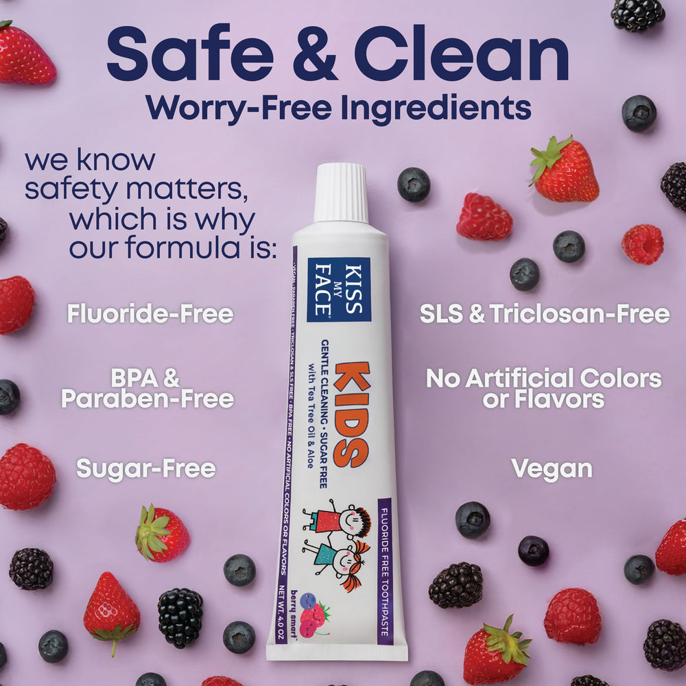 Kiss My Face Kids Toothpaste Berry Flavor packaging front and side view