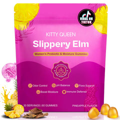 Front view of Kitty Queen Slippery Kitty product packaging and gummies