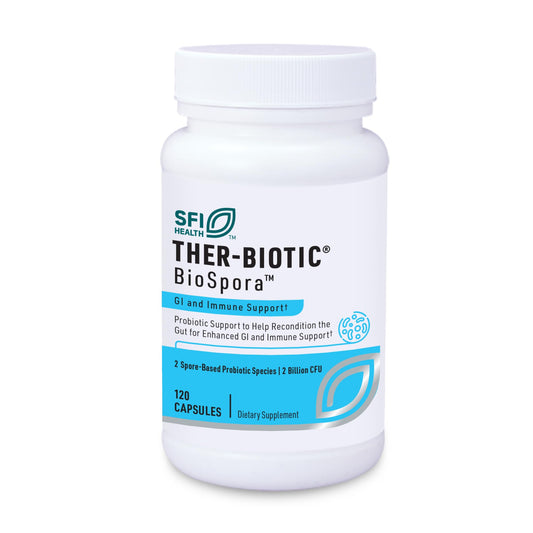 Klaire Labs BioSpora probiotic bottle with 120 capsules