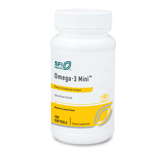 Bottle of Klaire Labs Omega-3 Mini lemon-flavored softgels