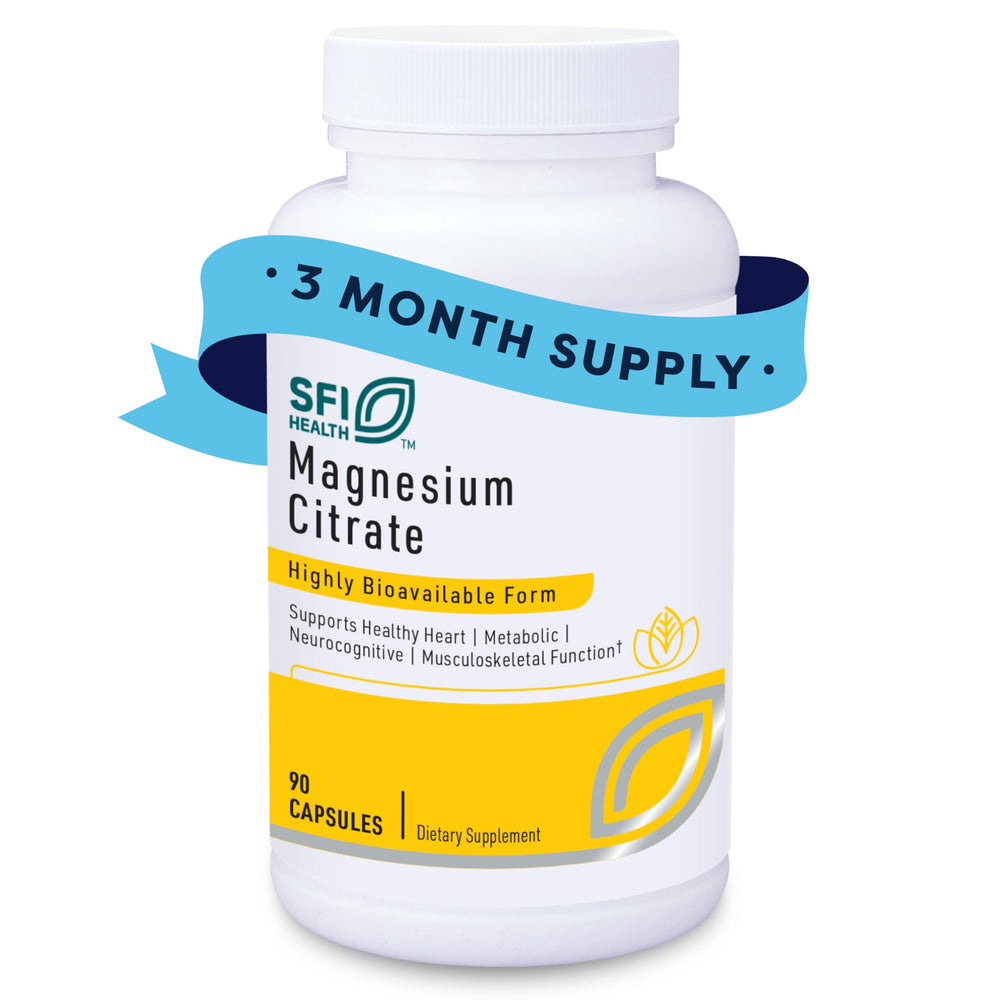 Front view of Klaire Labs SFI Health Magnesium Citrate supplement bottle (90 capsules)
