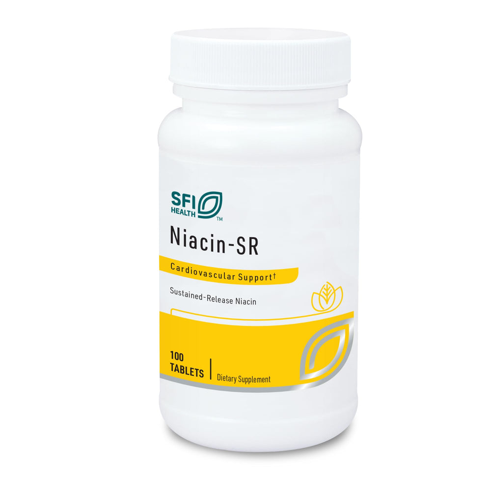 Front view of Klaire Labs SFI Niacin-SR 500 mg bottle with 100 scored tablets