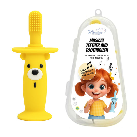 KLOUDYS yellow bear-shaped electric toothbrush and teether for babies 9–36 months