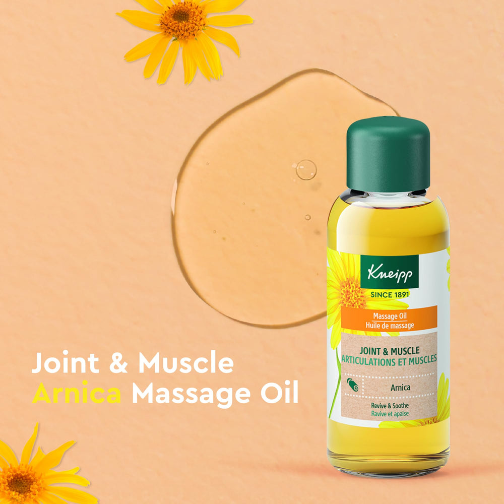 Pouring Kneipp Arnica Massage Oil onto the palm