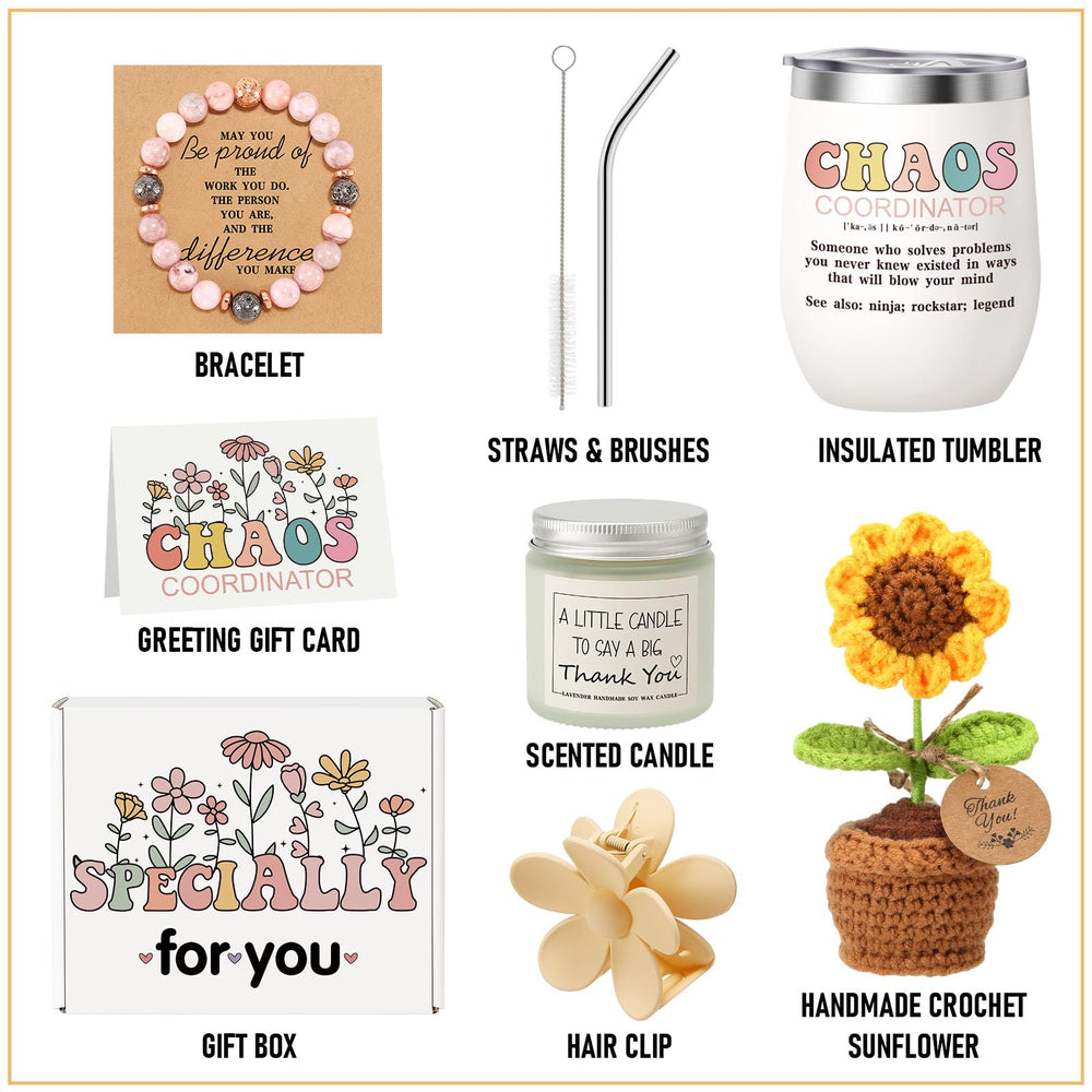 Knitted sunflower pot with thank you tag from Chaos Coordinator Gift Basket