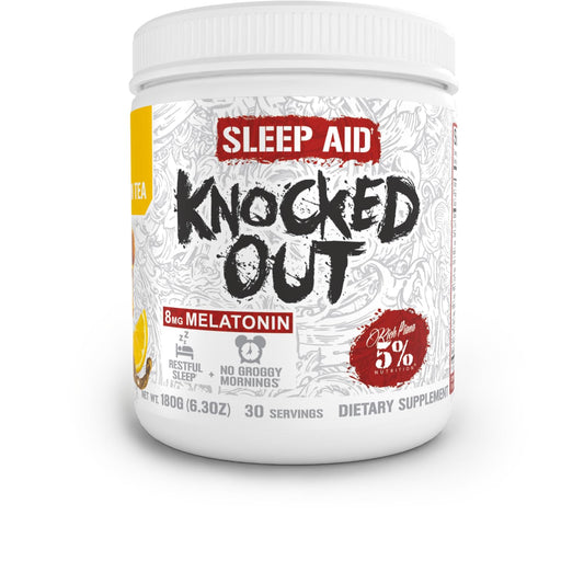 Front label of Knocked Out Sleep Aid powder in Honey Lemon Tea flavor.