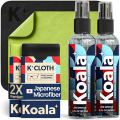Koala eyeglass lens cleaner spray kit with all components arranged