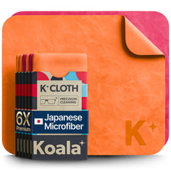 Pack of six Koala lens cleaning cloths in pink and orange