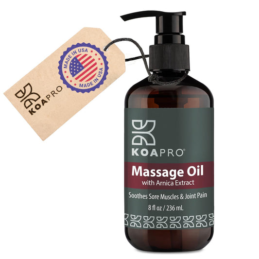 KOAPRO Arnica and Lavender Massage Oil bottle shown with natural ingredients