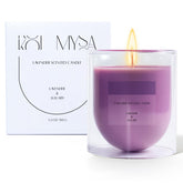 KOIMYSA Lavender Candle jar closeup reveals calming glow for relaxation rituals.