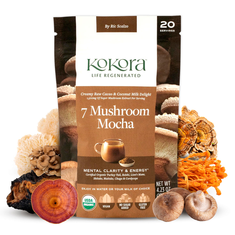 Cup of Kokora 7 Mushroom Mocha ready to drink with steam