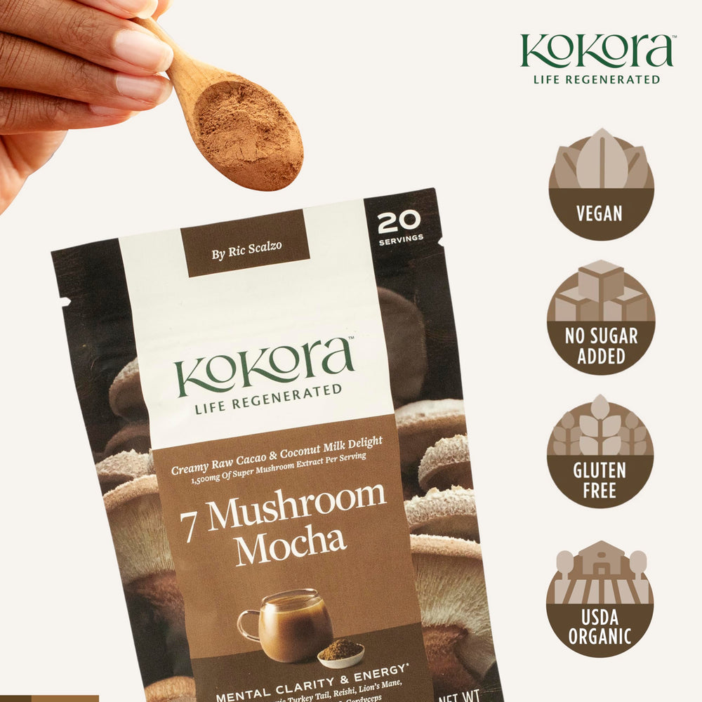 Organic ginger root and monk fruit alongside Kokora powder