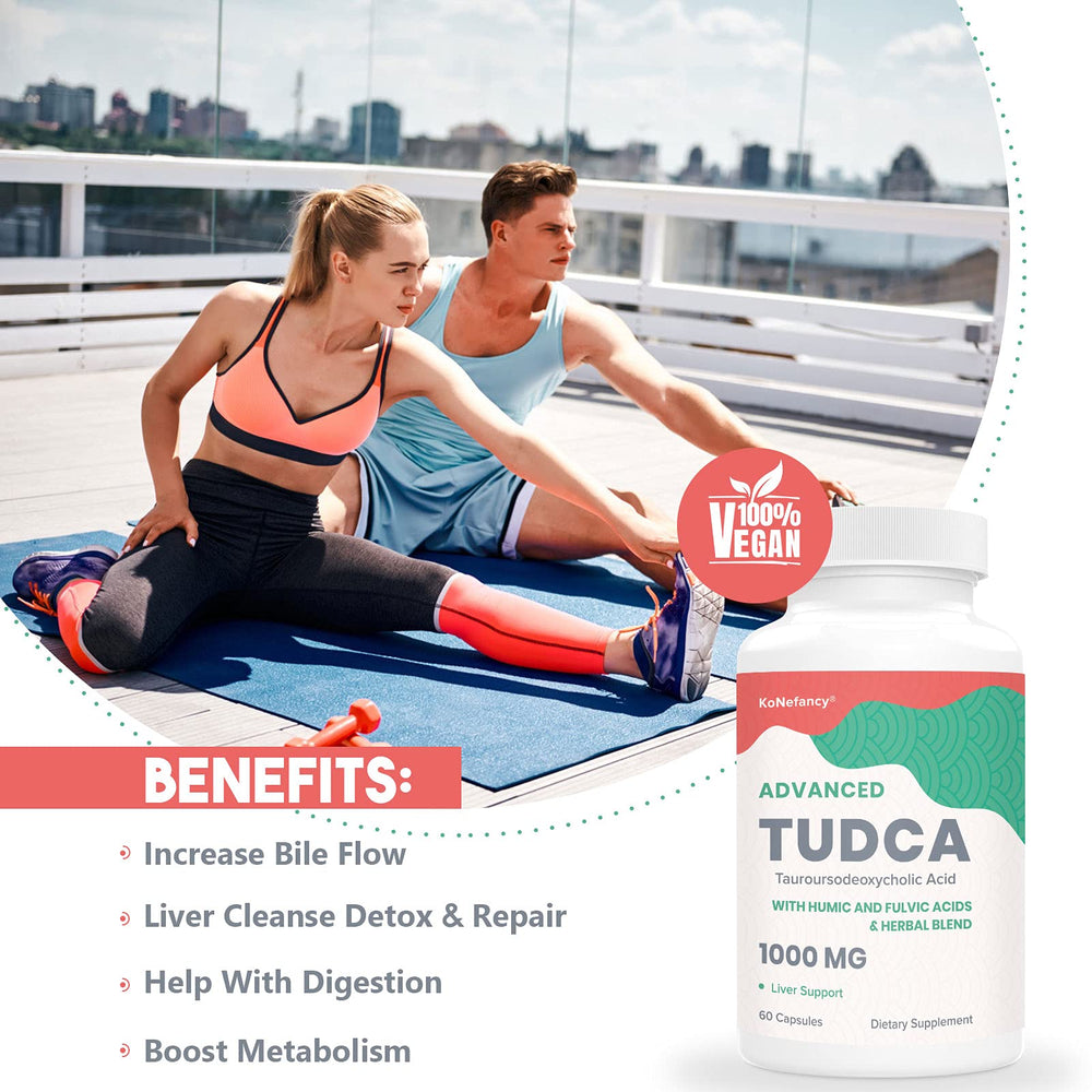 Close-up of KoNefancy TUDCA bottle with vegan capsules