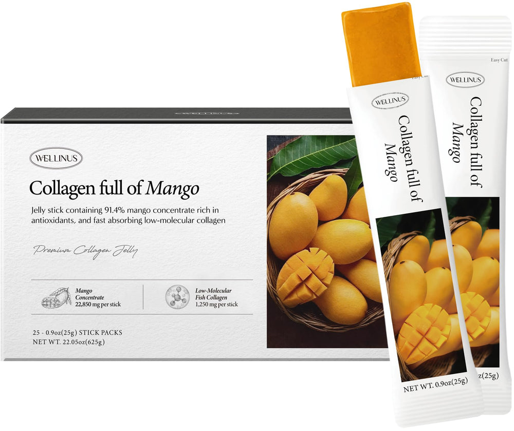 Front packaging of Korean marine collagen jelly sticks in mango flavor