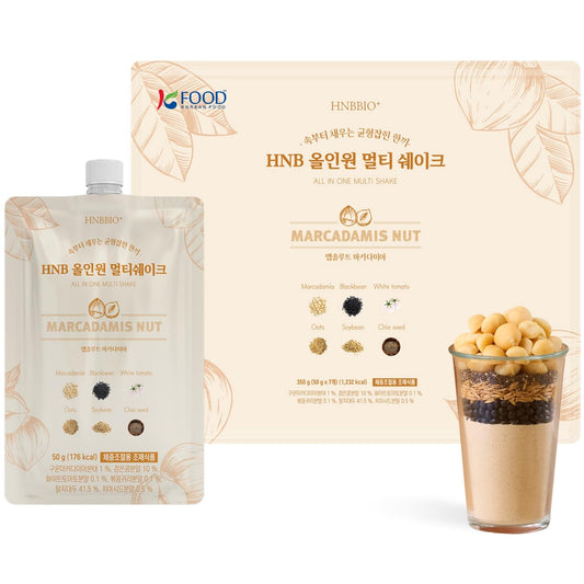 Front view of Korean Food All-In-One Multi Shake Macadamia Nut flavor 50g 7-pack box