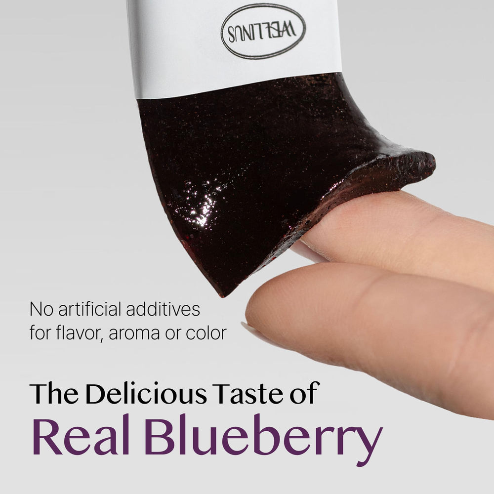 Close-up of single blue blueberry-flavored collagen jelly stick