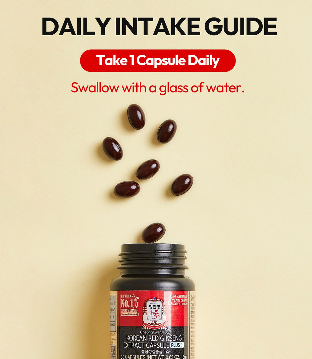 Lifestyle image of a person taking a Korean Red Ginseng capsule