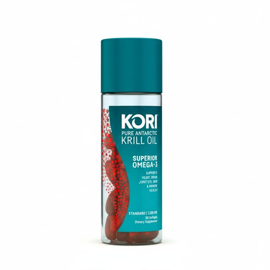 Kori Krill Oil Omega-3 bottle on white background
