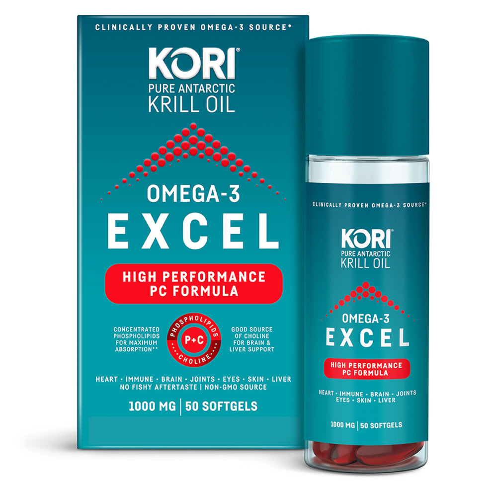 Kori Krill Omega 3 Excel 1000mg softgels spilling from bottle