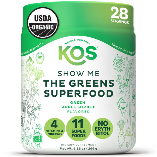 KOS Organic Super Greens Apple Flavor powder container with scoop