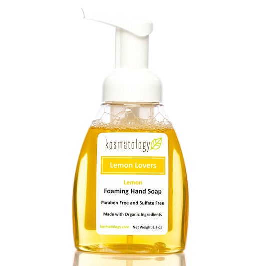 Kosmatology Lemon Lovers hand soap bottle front view, refreshing citrus aroma for energized hands.