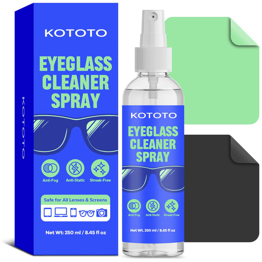 Kototo Eyeglass Cleaner Spray 2-pack with black and green microfiber cloths