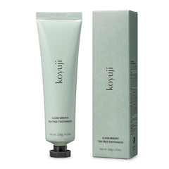 Front packaging of Koyuji Clean Breath Tea Tree Toothpaste