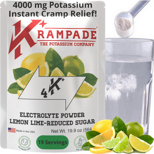 Krampade Electrolytes Powder bottle showing 4000 mg K+ per serving