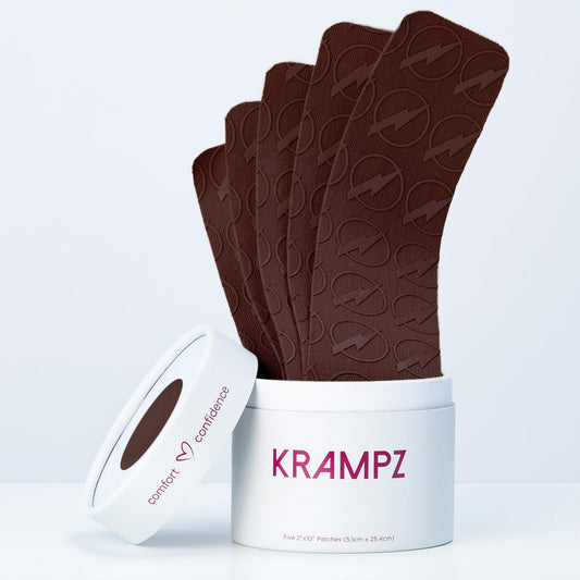 Krampz menstrual relief patches on skin provide discreet daily comfort.